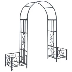 Outsunny 6.7' Steel Garden Arch Arbor With Scrollwork Hearts, Planter Boxes For Climbing Vines, Ceremony, Weddings, Party, Backyard, Lawn, Gray