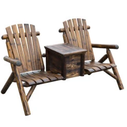 Outsunny Wooden Double Adirondack Chair Loveseat With Inset Ice Bucket, Rustic Aesethic, & Weather-Resistant Materials