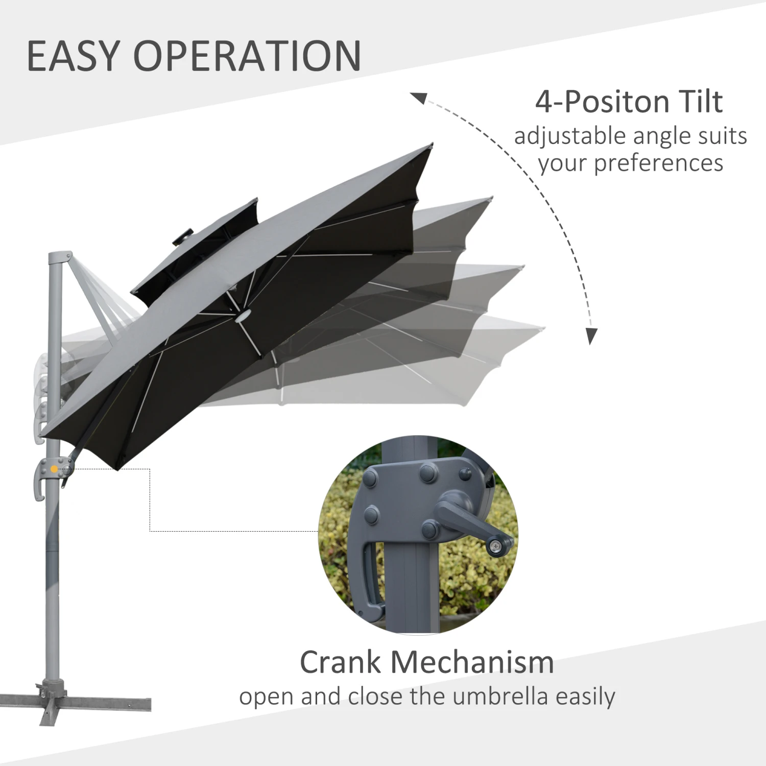 Outsunny 10FT Cantilever Patio Umbrella With Solar LED Lights & Power Bank, Double Top Outdoor Offset Umbrella With 360° Rotation, 4-Position Tilt, Crank & Cross Base For Garden Deck Pool, Grey 5 Outsunny 10FT Cantilever Patio Umbrella With Solar LED Lights & Power Bank, Double Top Outdoor Offset Umbrella With 360° Rotation, 4-Position Tilt, Crank & Cross Base For Garden Deck Pool, Grey - Image 5