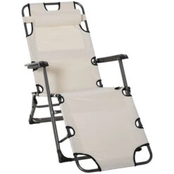 Outsunny Tanning Chair, 2-in-1 Beach Lounge Chair & Camping Chair W/ Pillow & Pocket, Adjustable Chaise For Sunbathing Outside, Patio, Poolside, Cream White