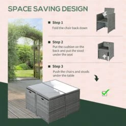 Outsunny 9-Piece Outdoor PE Rattan Wicker Patio Dining Set, Cushions, 4 Armchairs, 2 Easy-Store Ottoman Footrests, 1 Tempered Glass Center Coffee Table, Dark Grey -Outsunny TLR75618181c28c2b