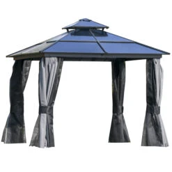 Outsunny 10' X 10' Hardtop Gazebo Canopy With Polycarbonate Double Roof, Aluminum Frame, Permanent Pavilion Outdoor Gazebo With Netting And Curtains For Patio, Garden, Backyard, Deck, Lawn, Gray