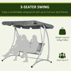 Outsunny 3-Seat Outdoor Porch Swing Chair, Patio Swing Glider With Adjustable Canopy, Breathable Seat, And Steel Frame For Garden, Poolside, Backyard, Gray -Outsunny ThJ75618243e72d5e