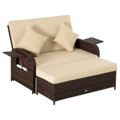 Outsunny Patio Rattan Daybed With Cushions, Wicker Outdoor Bed Lounger W/ Loveseat, Storage Ottoman, Coffee & Side Tables, For Poolside, Porch, Backyard, Beige