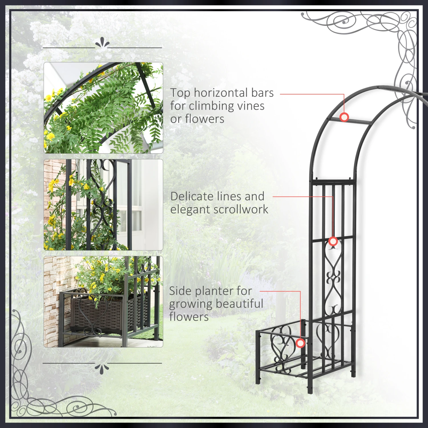 Outsunny 6.7' Steel Garden Arch Arbor With Scrollwork Hearts, Planter Boxes For Climbing Vines, Ceremony, Weddings, Party, Backyard, Lawn, Dark Gray 6 Outsunny 6.7' Steel Garden Arch Arbor With Scrollwork Hearts, Planter Boxes For Climbing Vines, Ceremony, Weddings, Party, Backyard, Lawn, Dark Gray - Image 6