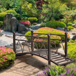 Outsunny 3.3' Classic Garden Bridge Metal Arch Zen Footbridge With Safety Siderails, Decorative Footbridge, Delicate Scrollwork & Corner Spheres For Stream, Fish Pond, Black -Outsunny UI66ff18062da8ed7