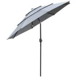 Outsunny 9' 3-Tier Patio Umbrella, Outdoor Market Umbrella With Crank And Push Button Tilt For Deck, Backyard And Lawn, Dark Grey