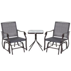 Outsunny 3 Pcs Outdoor Gliders Set, Patio Swing Glider Chair Bistro Set With Glass Top Table For Garden, Porch, Backyard, Lawn, Grey