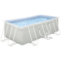 Outsunny 14ft X 8ft X 48in Steel Frame Pool With Filter Pump, Outdoor Rectangular Frame Above Ground Swimming Pool, Light Grey