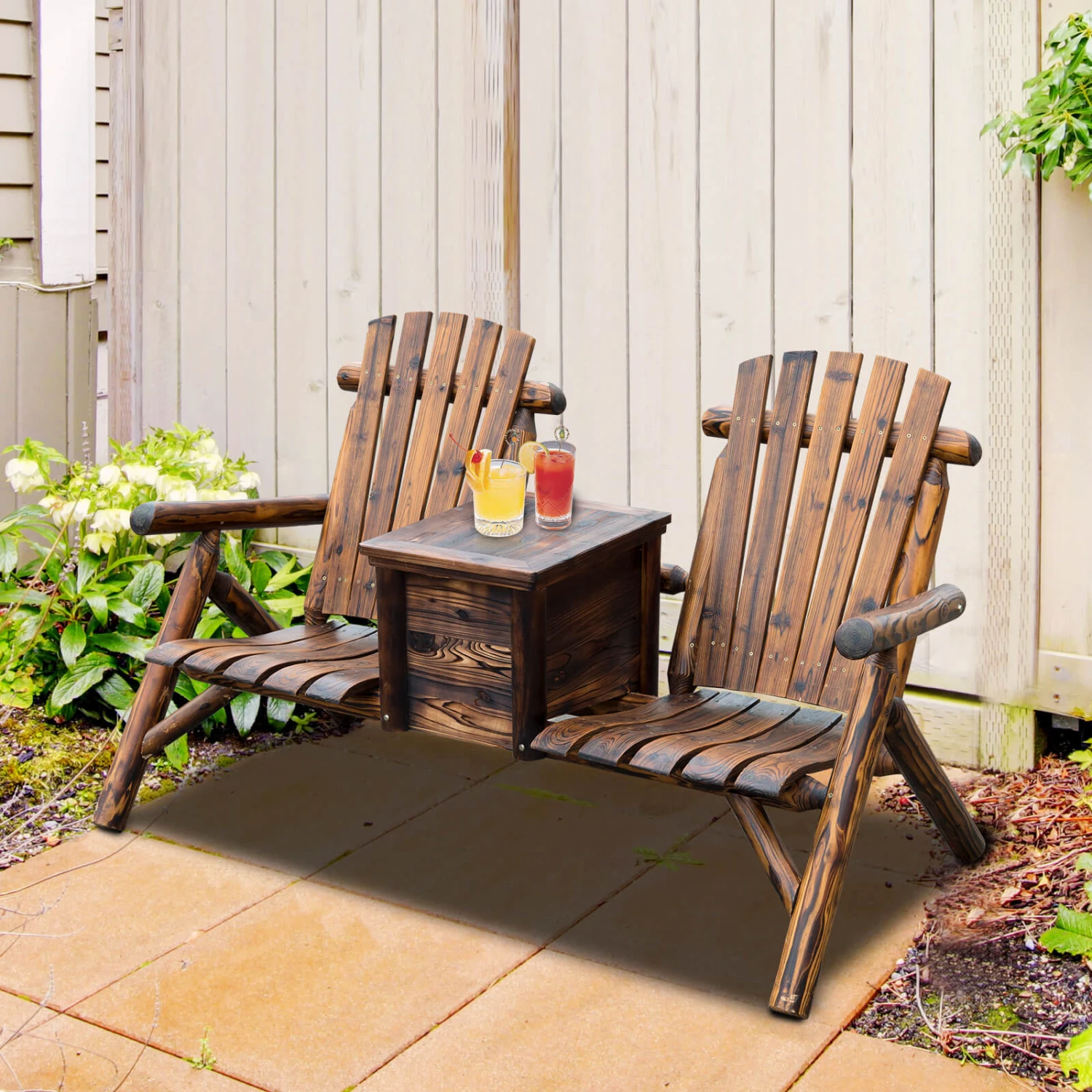 Outsunny Wooden Double Adirondack Chair Loveseat With Inset Ice Bucket, Rustic Aesethic, & Weather-Resistant Materials 8 Outsunny Wooden Double Adirondack Chair Loveseat With Inset Ice Bucket, Rustic Aesethic, & Weather-Resistant Materials - Image 8