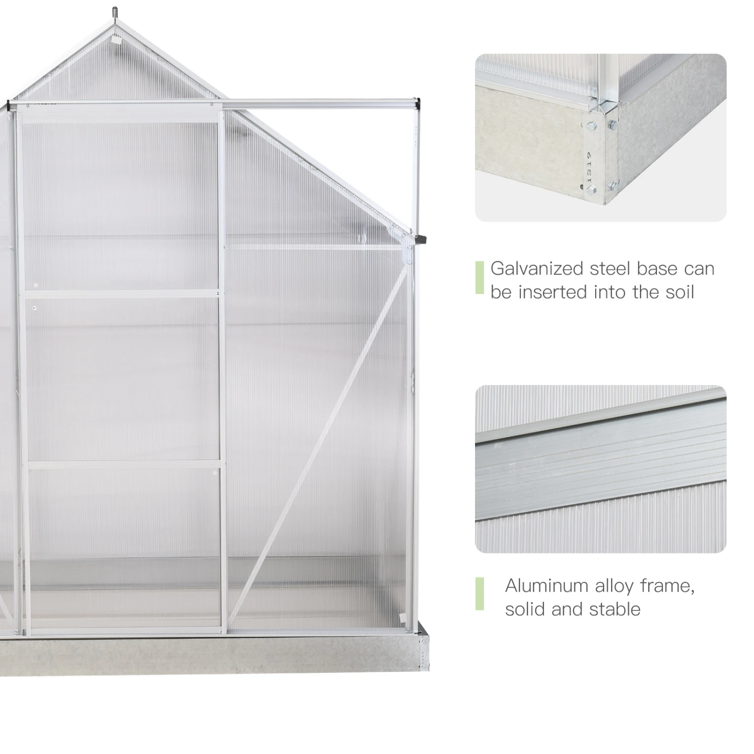 Outsunny 6' X 4' Hobby Greenhouse, Walk-in Polycarbonate Hot House Kit With Aluminum Frame, Sliding Door, Roof Vent, Silver 7 Outsunny 6' X 4' Hobby Greenhouse, Walk-in Polycarbonate Hot House Kit With Aluminum Frame, Sliding Door, Roof Vent, Silver - Image 7