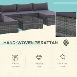 Outsunny Patio Furniture Set, 8 Pieces, Sectional Sofa, All Weather PE Plastic Rattan Conversation Set, Tempered Glass Table, 6 Seats, 1 Ottoman Footstool, Soft Cushions For Lawn, Backyard, Grey 12 Outsunny Patio Furniture Set, 8 Pieces, Sectional Sofa, All Weather PE Plastic Rattan Conversation Set, Tempered Glass Table, 6 Seats, 1 Ottoman Footstool, Soft Cushions For Lawn, Backyard, Grey -Outsunny V5V76a17ed37bb6b3