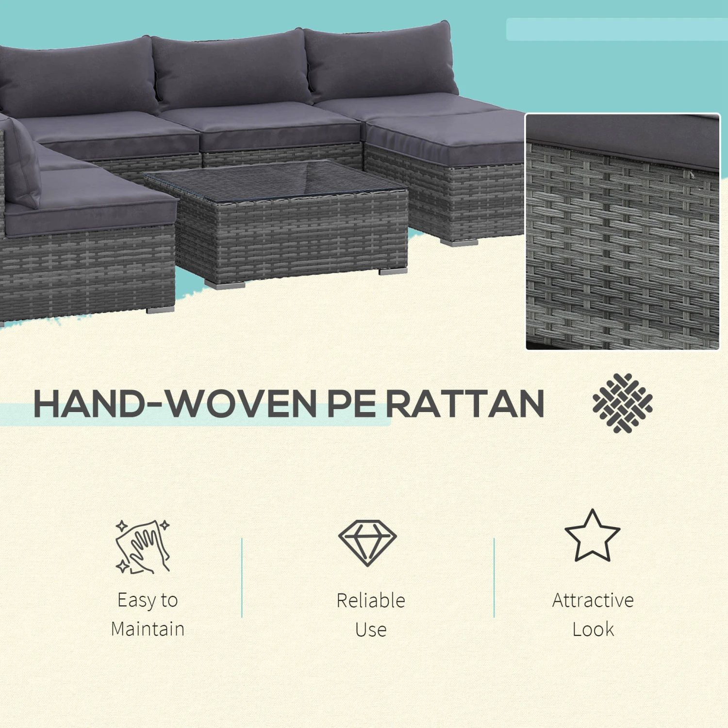 Outsunny Patio Furniture Set, 8 Pieces, Sectional Sofa, All Weather PE Plastic Rattan Conversation Set, Tempered Glass Table, 6 Seats, 1 Ottoman Footstool, Soft Cushions For Lawn, Backyard, Grey 4 Outsunny Patio Furniture Set, 8 Pieces, Sectional Sofa, All Weather PE Plastic Rattan Conversation Set, Tempered Glass Table, 6 Seats, 1 Ottoman Footstool, Soft Cushions For Lawn, Backyard, Grey - Image 4