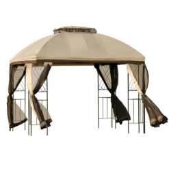 Outsunny 10' X 10' Patio Gazebo With Corner Shelves, Double Roof Outdoor Gazebo Canopy Shelter With Removable Mesh Netting, For Garden, Lawn, Backyard And Deck, Beige -Outsunny VGqaf117e6831da36