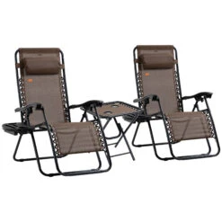 Outsunny Zero Gravity Chairs Set Of 2 With Folding Table & Cup Holder Trays, Reclining Chaise Lounge Pool, Camping & Patio Chairs, Pillows, Brown