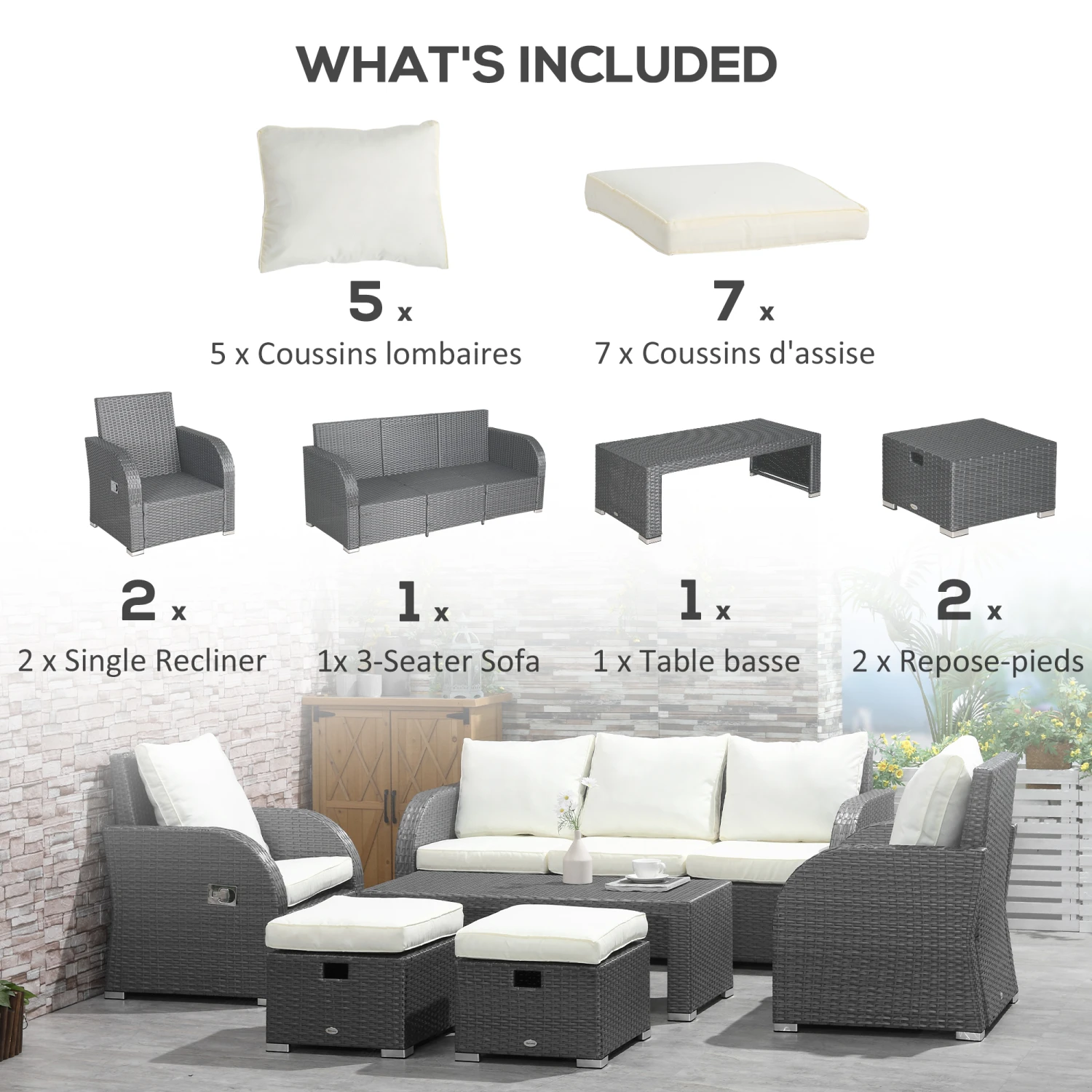 Outsunny 6-Piece Outdoor Rattan Patio Sectional Sofa Set With 3-Seat Couch, 2 Recliners, 2 Ottoman Footrests, & Coffee Table Conversation Set, Off-White 7 Outsunny 6-Piece Outdoor Rattan Patio Sectional Sofa Set With 3-Seat Couch, 2 Recliners, 2 Ottoman Footrests, & Coffee Table Conversation Set, Off-White - Image 7