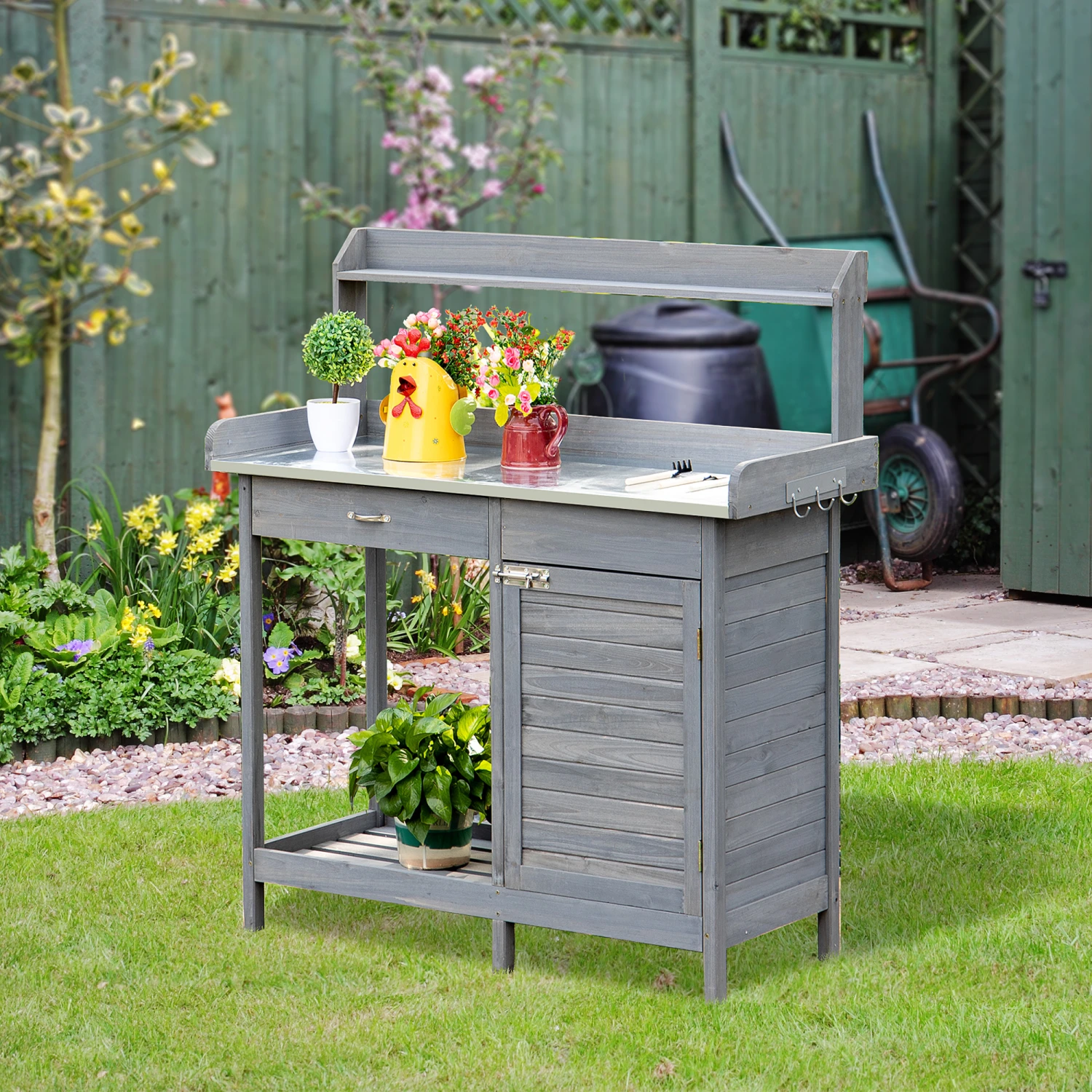 Outsunny Garden Potting Bench Table With Lockable Storage Cabinet And Open Shelf, Outdoor Planting Workstation With Steel Tabletop, Grey 2 Outsunny Garden Potting Bench Table With Lockable Storage Cabinet And Open Shelf, Outdoor Planting Workstation With Steel Tabletop, Grey - Image 2