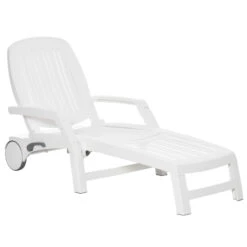 Outsunny Folding Chaise Lounge Chair On Wheels With Storage Box, Lightweight Plastic Sun Recliner With 5 Position Backrest For Beach & Pool, White