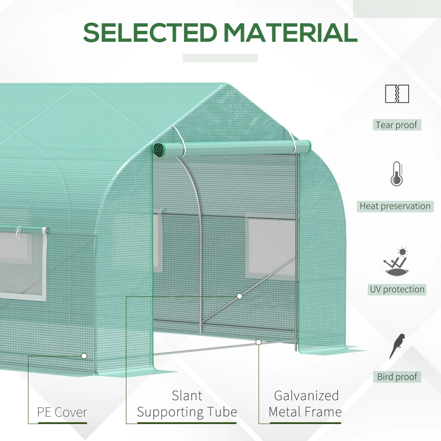 Outsunny 19.5' X 10' X 7' Outdoor Walk-in Tunnel Greenhouse, Hot House With Roll-up Windows, Zippered Door, PE Cover, Heavy Duty Steel Frame, Green 4 Outsunny 19.5' X 10' X 7' Outdoor Walk-in Tunnel Greenhouse, Hot House With Roll-up Windows, Zippered Door, PE Cover, Heavy Duty Steel Frame, Green - Image 4