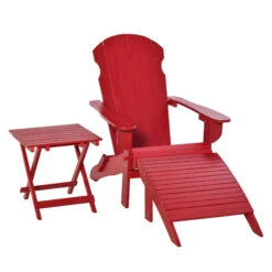 Outsunny 3-Piece Folding Adirondack Chair With Ottoman And Side Table, Outdoor Wooden Fire Pit Chairs W/ High-back, Wide Armrests For Patio, Backyard, Garden, Lawn Furniture, Red