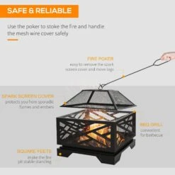 Outsunny 26" Outdoor Steel Square Fire Pit With Grill Net For BBQ, Safety Spark/Ember Cover & Classic Stylish Appearance -Outsunny W6X6b317e71907ea2