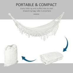 Outsunny Extra Large Boho Hammock With Macrame Tassel Fringe, Includes Carrying Bag, Indoor Outdoor Tree Hammock For Porch, Backyard, Camping, White -Outsunny WEw77c17e698dc3f3