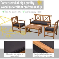 Outsunny 4 Piece Acacia Wood Outdoor Patio Furniture Set With 2 Armchairs, 1 Sofa, & 1 Coffee Table, Cushions Included -Outsunny WLV19d17e691fdd11