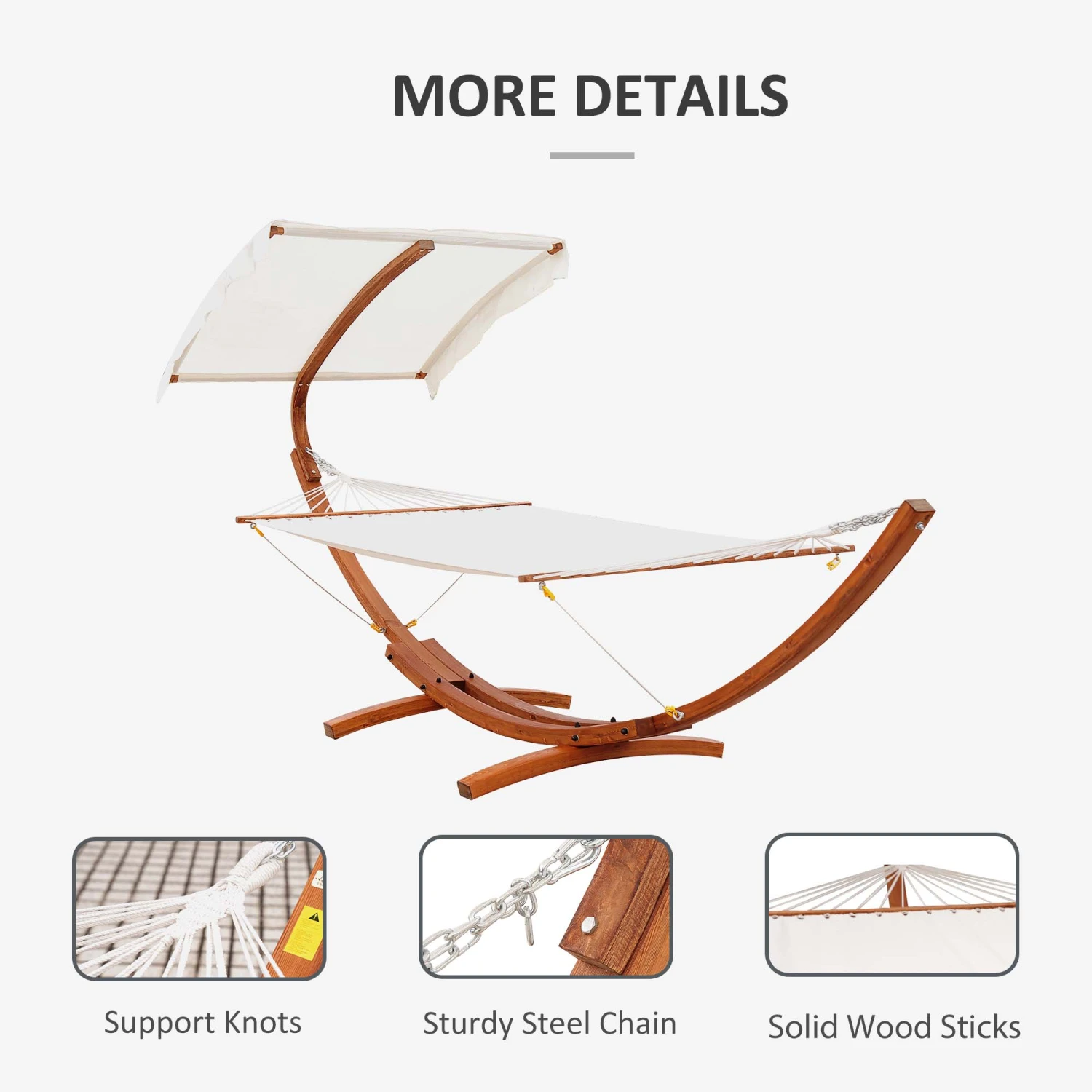 Outsunny Outdoor Hammock With Stand & Accessories, Heavy Duty Wooden Frame, Sun Shade Visor Canopy, Indoor Outside Boho Style Nap Bed, Natural Cotton, White 6 Outsunny Outdoor Hammock With Stand & Accessories, Heavy Duty Wooden Frame, Sun Shade Visor Canopy, Indoor Outside Boho Style Nap Bed, Natural Cotton, White - Image 6
