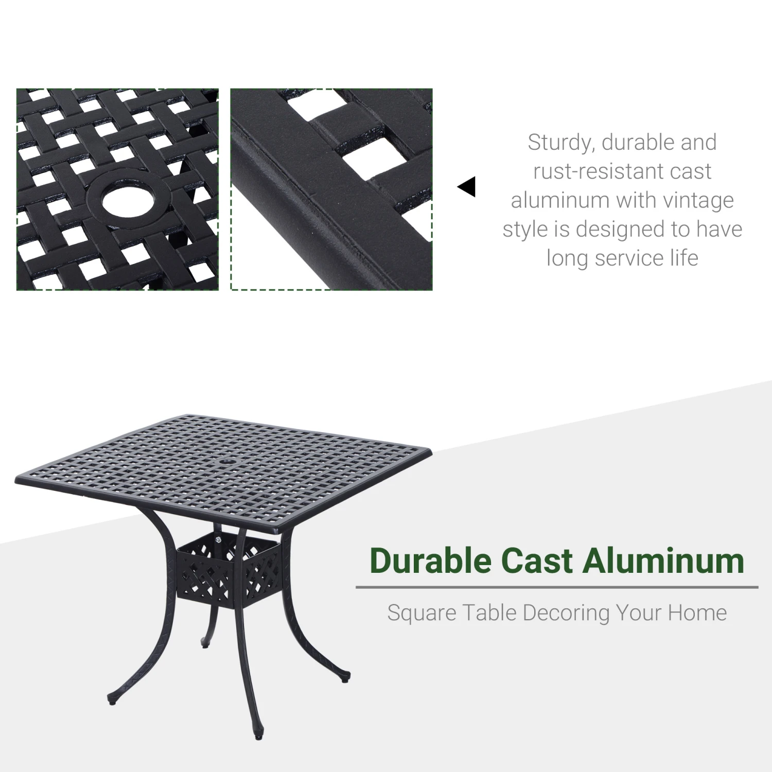 Outsunny 36" Square Patio Table With 2" Dia Umbrella Hole, Cast Aluminum Outdoor Dining Table, Outdoor Bistro Table For Garden, Backyard, Porch, Black 4 Outsunny 36" Square Patio Table With 2" Dia Umbrella Hole, Cast Aluminum Outdoor Dining Table, Outdoor Bistro Table For Garden, Backyard, Porch, Black - Image 4