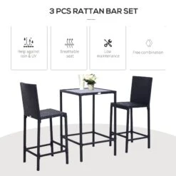 Outsunny 3pcs Rattan Bar Set With Glass Top Table, 2 Bar Stools For Outdoor, Patio, Garden, Poolside, Backyard -Outsunny Wfla091821eaa62ef