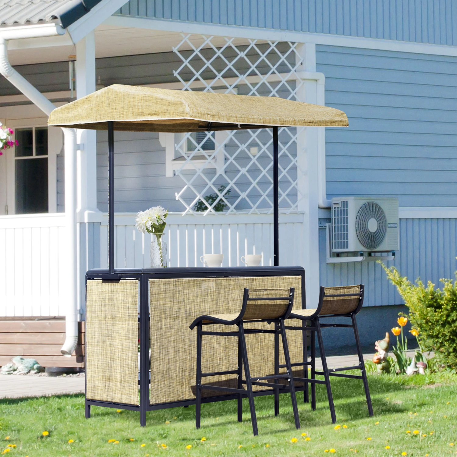 Outsunny 3 Piece Outdoor Bar Set For 2 With Canopy, Rectangular Table With Storage Shelves & Two Bar Chairs, Breathable Mesh 2 Outsunny 3 Piece Outdoor Bar Set For 2 With Canopy, Rectangular Table With Storage Shelves & Two Bar Chairs, Breathable Mesh - Image 2
