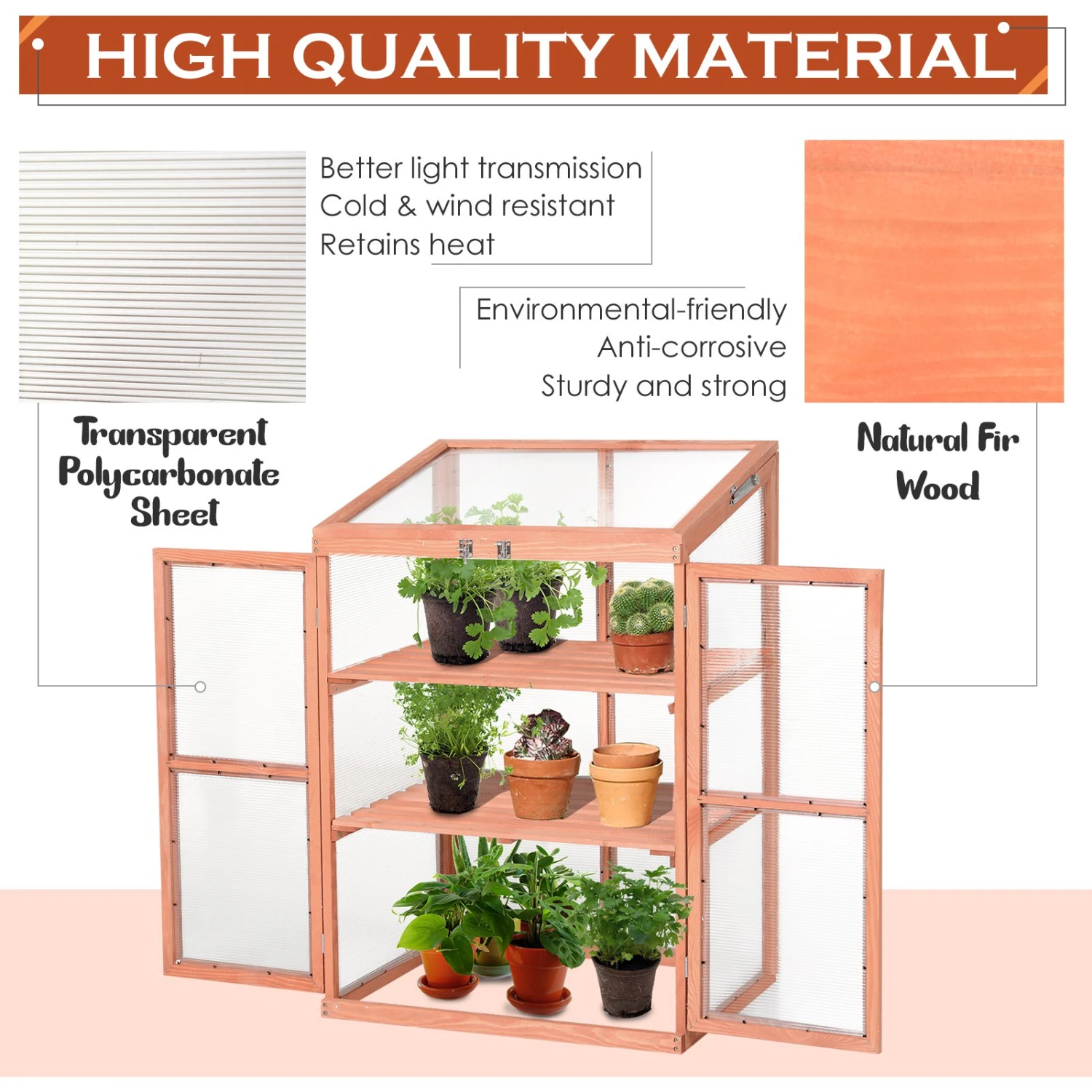 Outsunny Wooden Cold Frame Greenhouse Small Mini Planter Box, 30" L X 24" W X 44" H, Natural 5 Outsunny Wooden Cold Frame Greenhouse Small Mini Planter Box, 30" L X 24" W X 44" H, Natural - Image 5