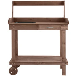 Outsunny 36'' Wooden Potting Bench Work Table With 2 Removable Wheels, Sink, Drawer & Large Storage Spaces, Brown
