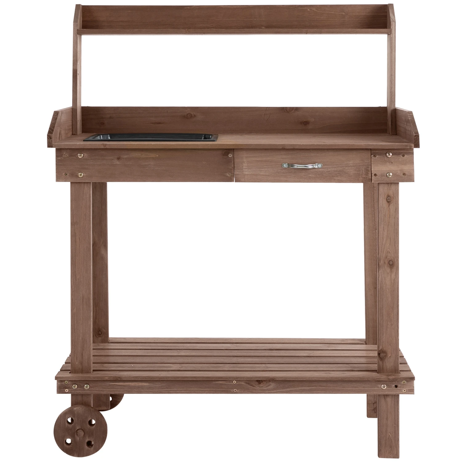 Outsunny 36'' Wooden Potting Bench Work Table With 2 Removable Wheels, Sink, Drawer & Large Storage Spaces, Brown 1 Outsunny 36'' Wooden Potting Bench Work Table With 2 Removable Wheels, Sink, Drawer & Large Storage Spaces, Brown