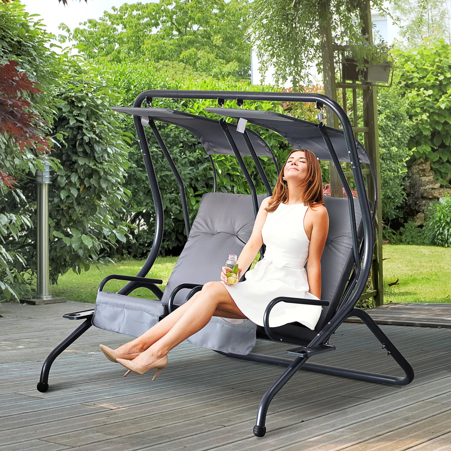 Outsunny Patio Swing Chair With 2 Separate Seats, Outdoor Swing Glider With Removable Canopy And Cup Holders, For Porch, Garden, Poolside, Backyard, Gray 2 Outsunny Patio Swing Chair With 2 Separate Seats, Outdoor Swing Glider With Removable Canopy And Cup Holders, For Porch, Garden, Poolside, Backyard, Gray - Image 2