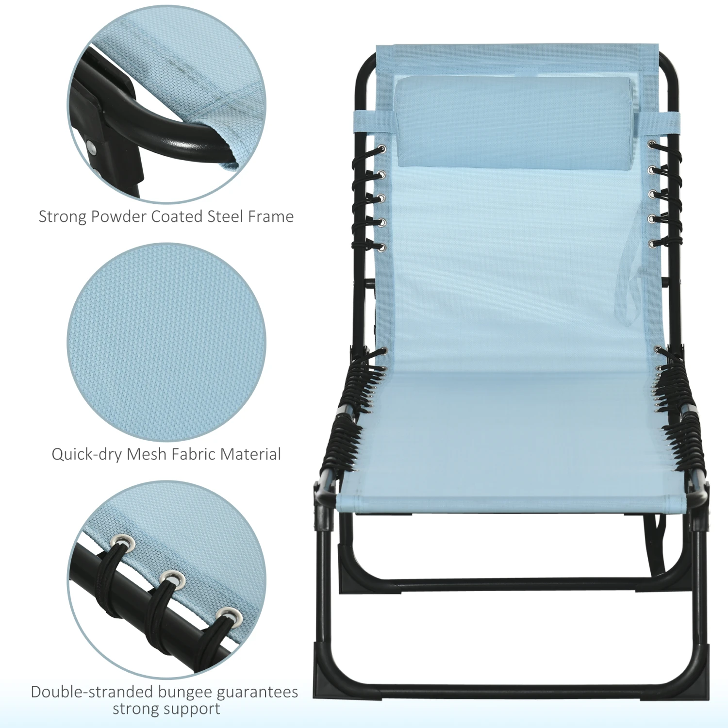 Outsunny Folding Chaise Lounge Pool Chairs, Outdoor Sun Tanning Chairs, Folding, Reclining Back, Steel Frame & Breathable Mesh For Beach, Yard, Patio, Baby Blue 6 Outsunny Folding Chaise Lounge Pool Chairs, Outdoor Sun Tanning Chairs, Folding, Reclining Back, Steel Frame & Breathable Mesh For Beach, Yard, Patio, Baby Blue - Image 6