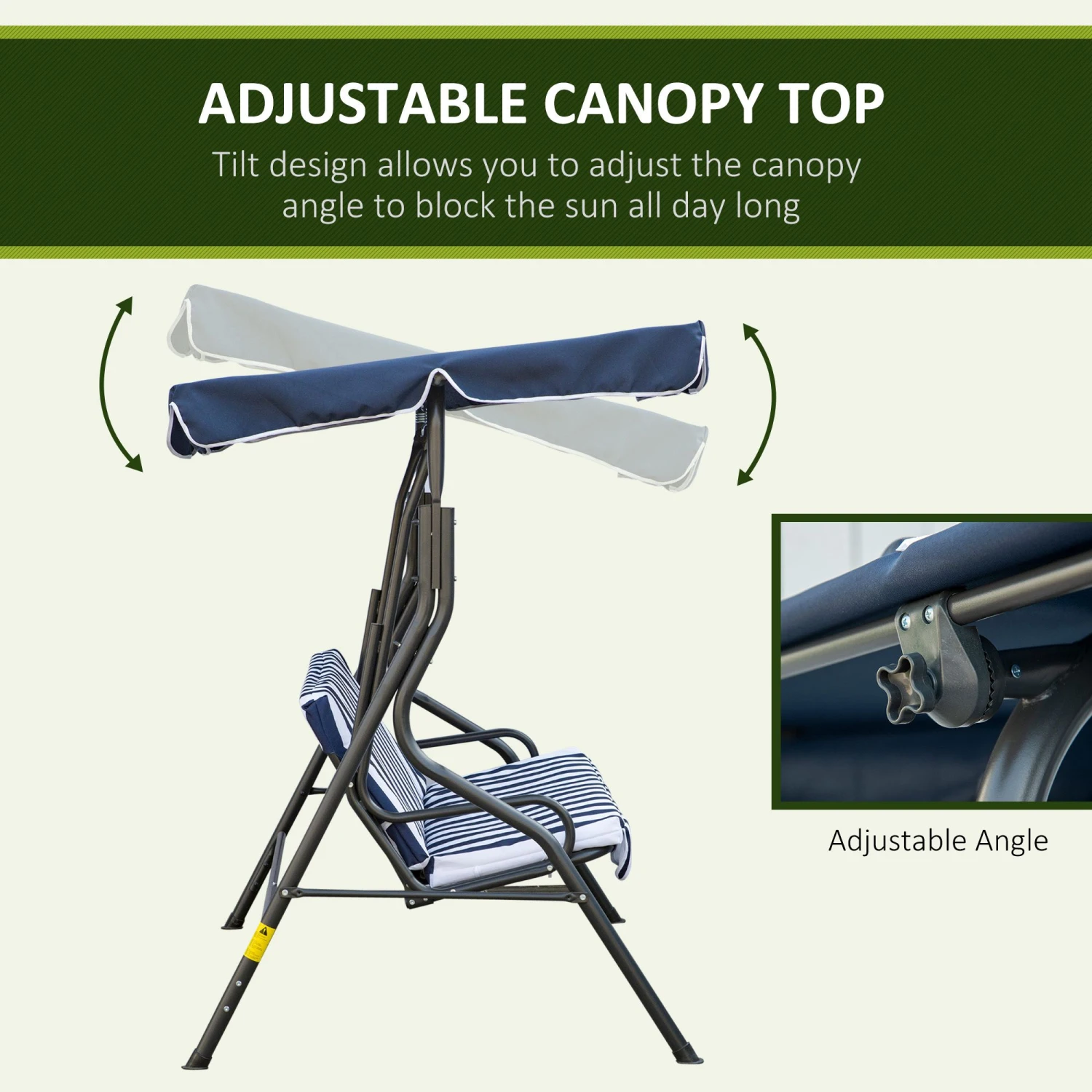 Outsunny 3-Person Patio Porch Swing With Adjustable Canopy For Adults, Steel Frame, Seat & Backrest Cushion, Armrests, Dark Blue & White Striped 5 Outsunny 3-Person Patio Porch Swing With Adjustable Canopy For Adults, Steel Frame, Seat & Backrest Cushion, Armrests, Dark Blue & White Striped - Image 5