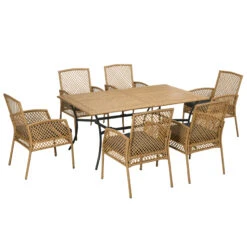 Outsunny 7 Piece Patio Dining Set With Cushions, Outdoor Patio PE Rattan Wicker Dining Table Set With Composite Table And 6 Chairs For Backyard, Garden, Deck, Poolside, Tan