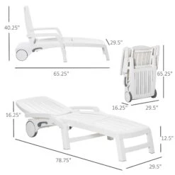Outsunny Folding Chaise Lounge Chair On Wheels With Storage Box, Lightweight Plastic Sun Recliner With 5 Position Backrest For Beach & Pool, White -Outsunny XHe30817ed2fb9058