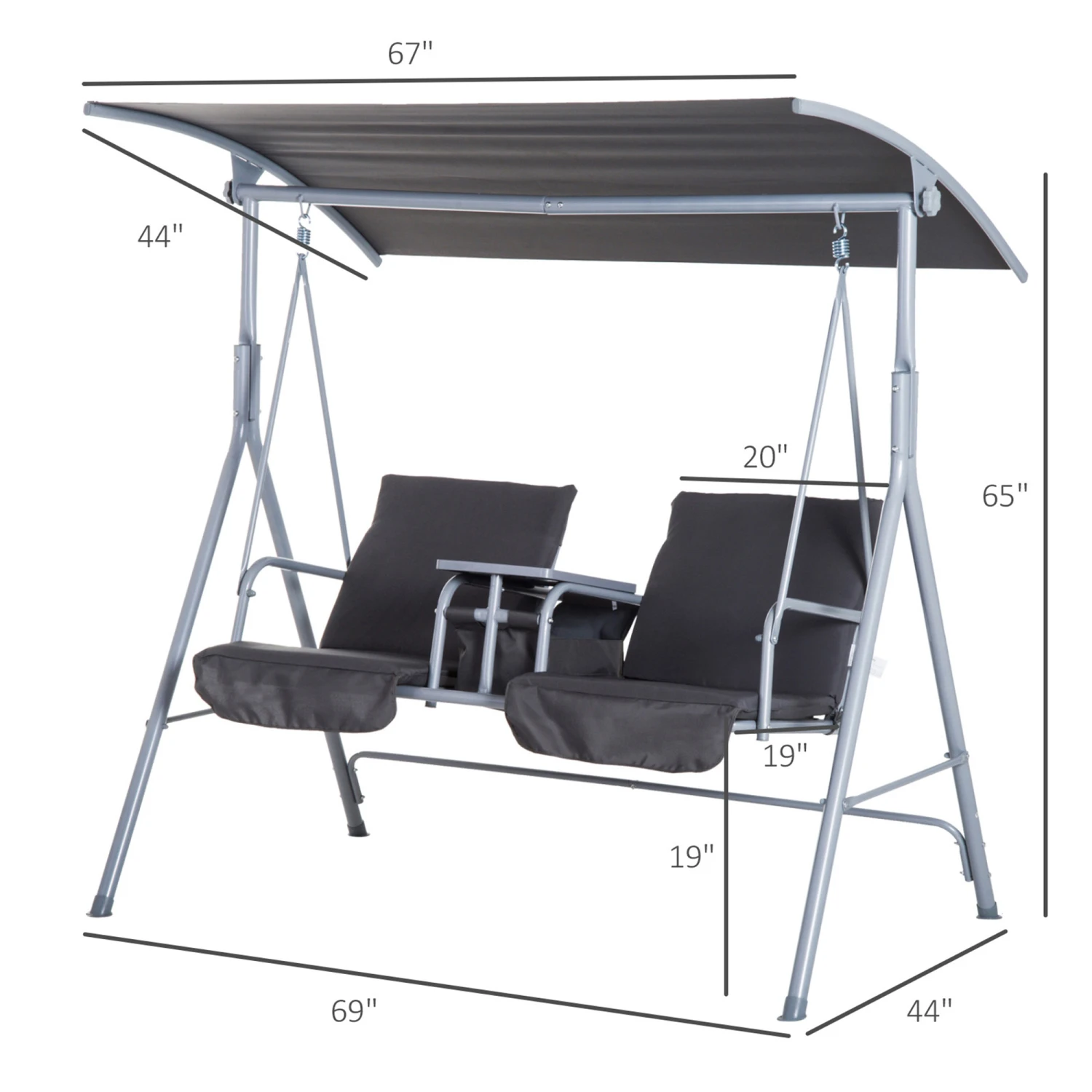 Outsunny 2 Person Porch Swing With Stand, Outdoor Swing With Canopy, Pivot Storage Table, 2 Cup Holders, Cushions For Patio, Backyard, Gray 4 Outsunny 2 Person Porch Swing With Stand, Outdoor Swing With Canopy, Pivot Storage Table, 2 Cup Holders, Cushions For Patio, Backyard, Gray - Image 4
