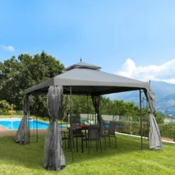 Outsunny 10' X 10' Patio Gazebo With Corner Frame Shelves, Double Roof Outdoor Gazebo Canopy Shelter With Netting, For Patio, Wedding, Catering & Events, Gray