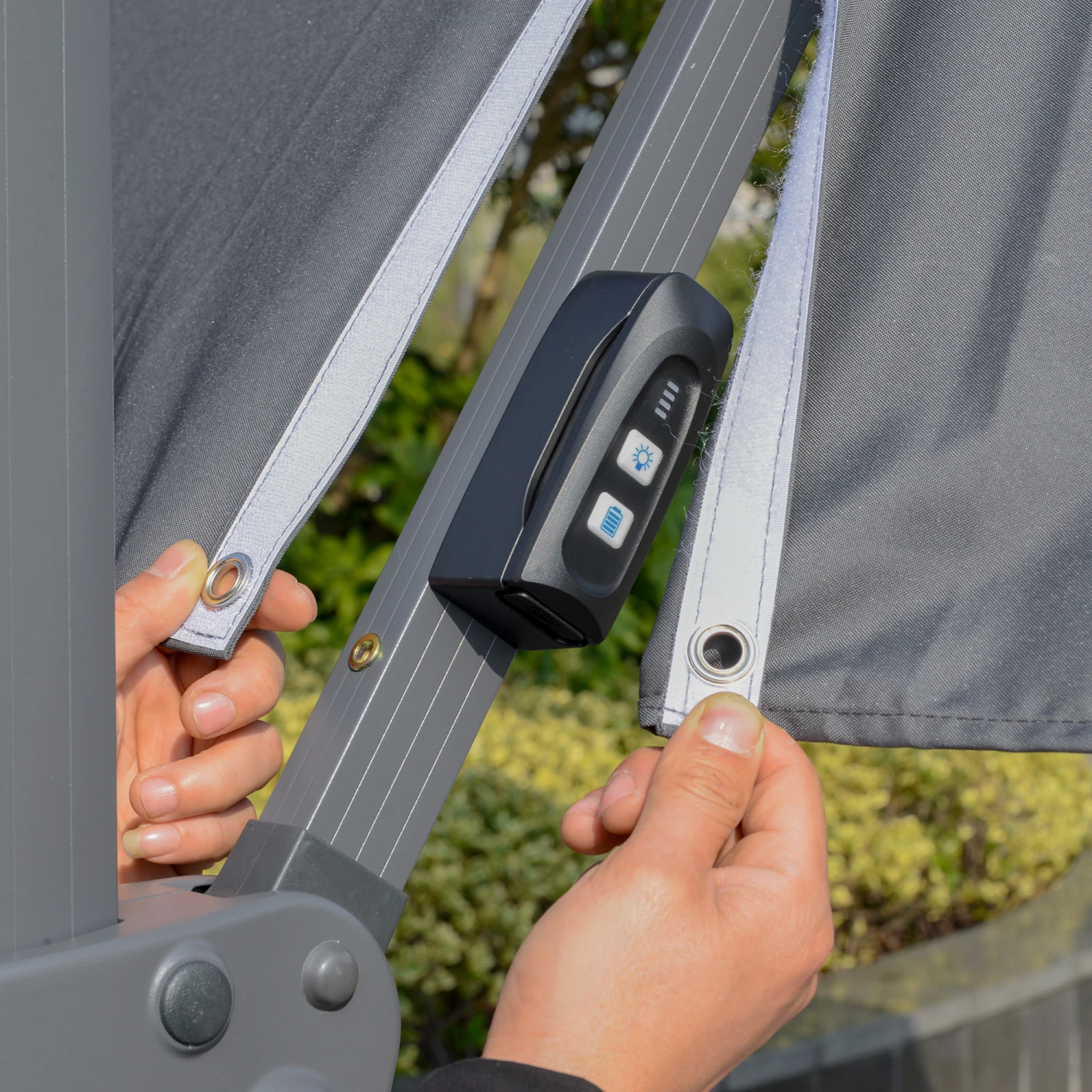 Outsunny 10FT Cantilever Patio Umbrella With Solar LED Lights & Power Bank, Double Top Outdoor Offset Umbrella With 360° Rotation, 4-Position Tilt, Crank & Cross Base For Garden Deck Pool, Grey 8 Outsunny 10FT Cantilever Patio Umbrella With Solar LED Lights & Power Bank, Double Top Outdoor Offset Umbrella With 360° Rotation, 4-Position Tilt, Crank & Cross Base For Garden Deck Pool, Grey - Image 8