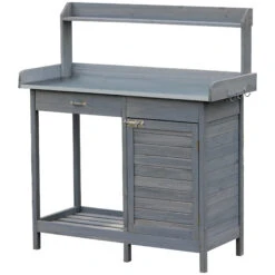 Outsunny Garden Potting Bench Table With Lockable Storage Cabinet And Open Shelf, Outdoor Planting Workstation With Steel Tabletop, Grey