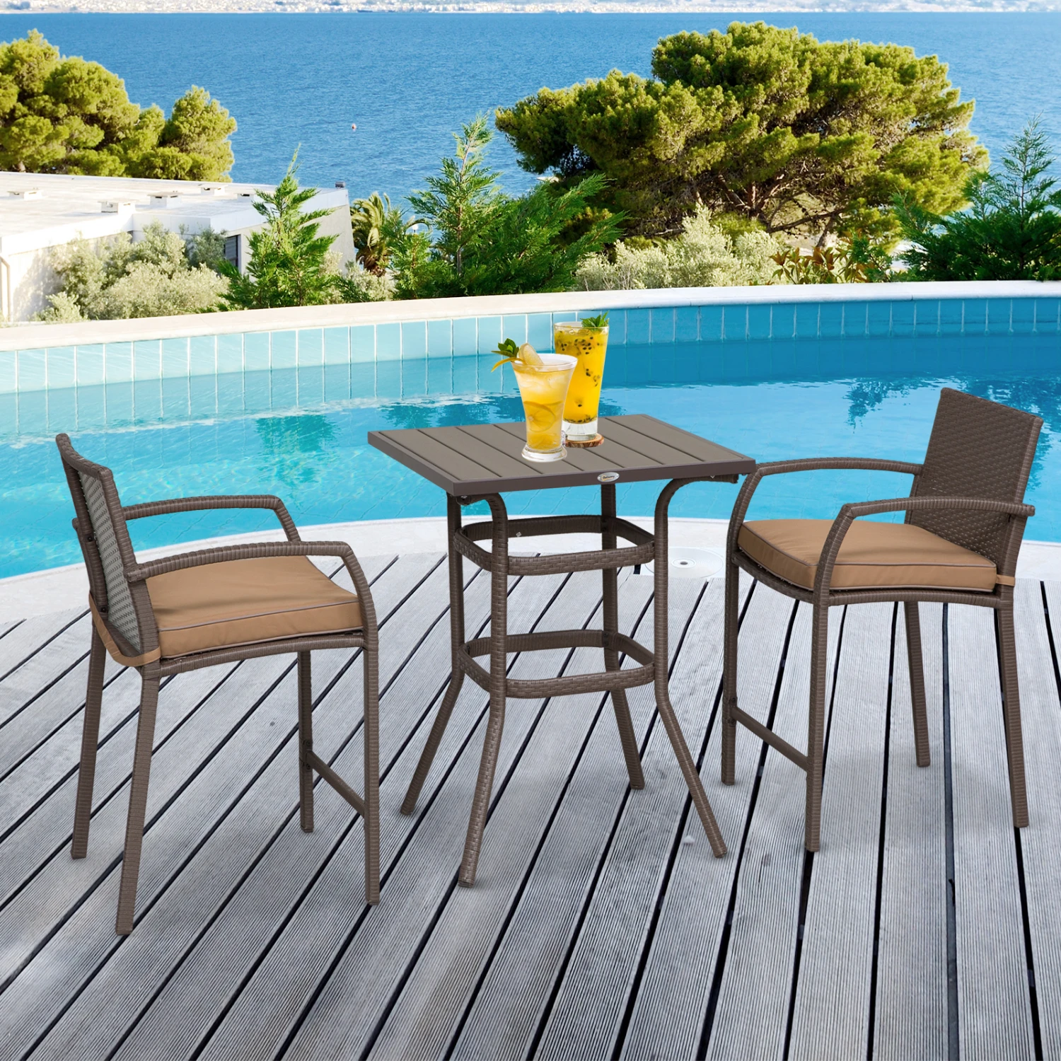 Outsunny 3 PCS Rattan Wicker Bar Set With Wood Grain Top Table And 2 Bar Stools For Outdoor, Patio, Poolside, Garden, Brown 2 Outsunny 3 PCS Rattan Wicker Bar Set With Wood Grain Top Table And 2 Bar Stools For Outdoor, Patio, Poolside, Garden, Brown - Image 2