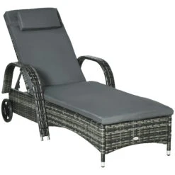 Outsunny Reclining Chaise Lounge Chair, Thickly Cushioned, Headrest, Armrests, Rolling Outdoor Plastic Rattan Sun Bathing Chair With Wheels For Poolside, Pool, Patio, Mixed Grey