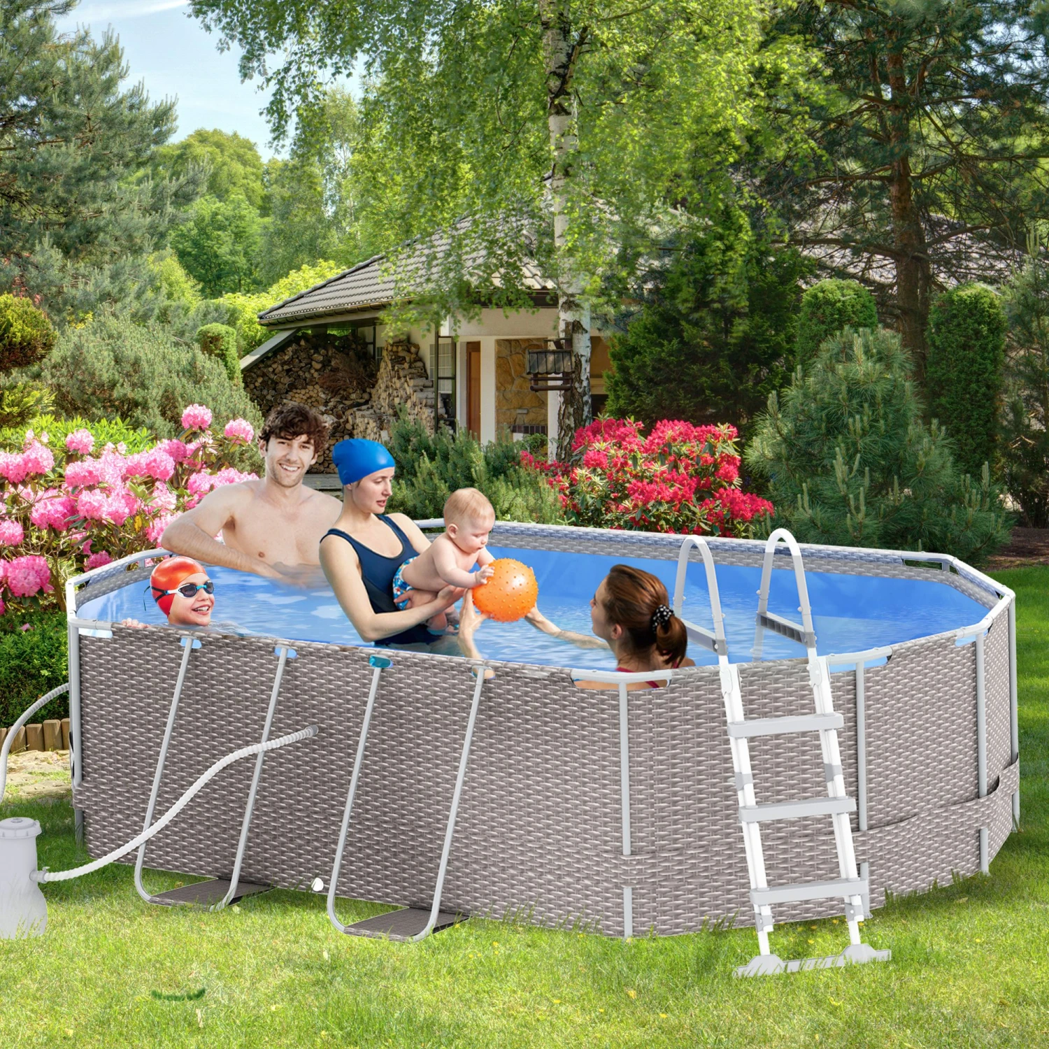 Outsunny 14' X 10' X 3' Above Ground Swimming Pool, Non-Inflatable Rectangular Steel Frame Pool With Filter Pump, Safety Ladder For 1-6 People, Gray 2 Outsunny 14' X 10' X 3' Above Ground Swimming Pool, Non-Inflatable Rectangular Steel Frame Pool With Filter Pump, Safety Ladder For 1-6 People, Gray - Image 2