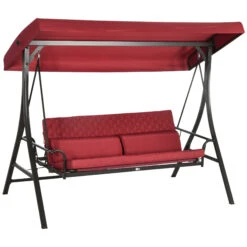 Outsunny 3 Person Patio Swing Chair Bed, Converting Flatbed, Outdoor Porch Swing Glider With Adjustable Canopy, Removable Cushions, Pillows, For Garden, Poolside, Backyard, Red