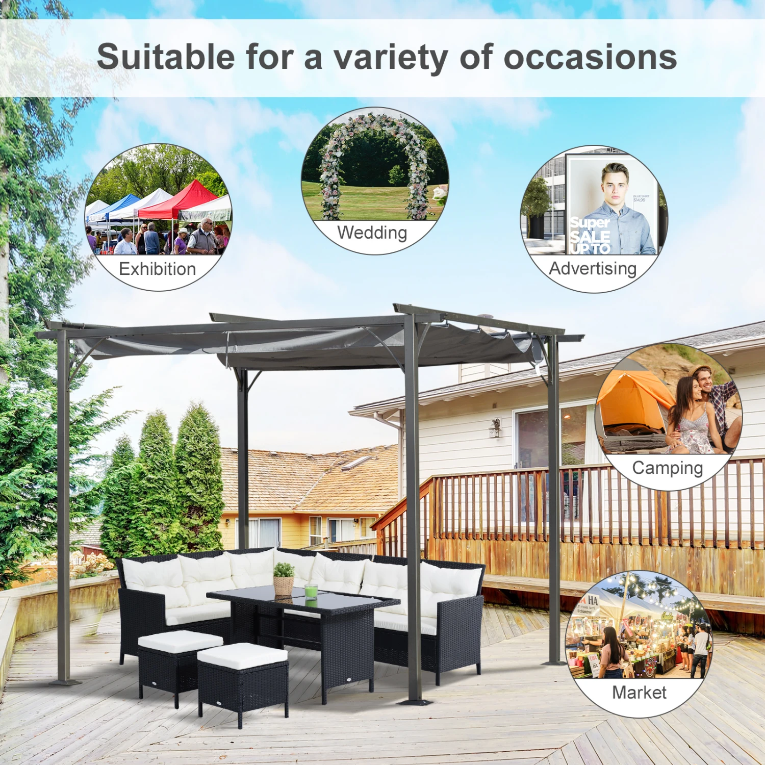 Outsunny 10' X 10' Outdoor Retractable Pergola Canopy, Metal Patio Shade Shelter For Backyard, Porch Party, Garden, Grill Gazebo, Gray 6 Outsunny 10' X 10' Outdoor Retractable Pergola Canopy, Metal Patio Shade Shelter For Backyard, Porch Party, Garden, Grill Gazebo, Gray - Image 6