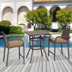 Outsunny 3 PCS Rattan Wicker Bar Set With Wood Grain Top Table And 2 Bar Stools For Outdoor, Patio, Poolside, Garden, Brown 20 Outsunny 3 PCS Rattan Wicker Bar Set With Wood Grain Top Table And 2 Bar Stools For Outdoor, Patio, Poolside, Garden, Brown -Outsunny Xtr6ff17fe80109f1