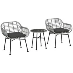 Outsunny 3 Piece Patio Set, Outdoor Bistro Furniture, PE Rattan Wicker Table And Chairs, Cushioned, Hand Woven, Modern Look With Tempered Glass For Garden, Porch, Pool, Backyard, Gray